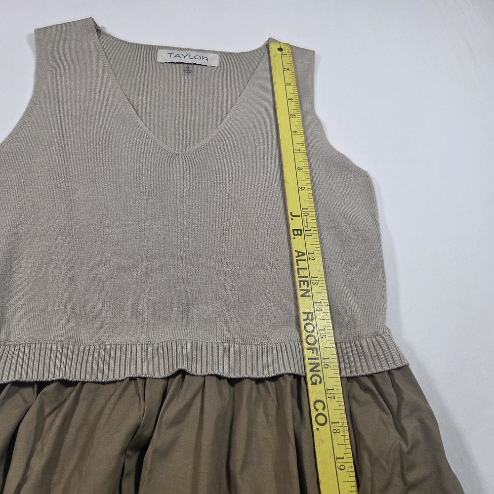 Taylor Cream Knit Bodice Olive Green Full Maxi Skirt Dress Vneck Pockets Pleated - Picture 9 of 12